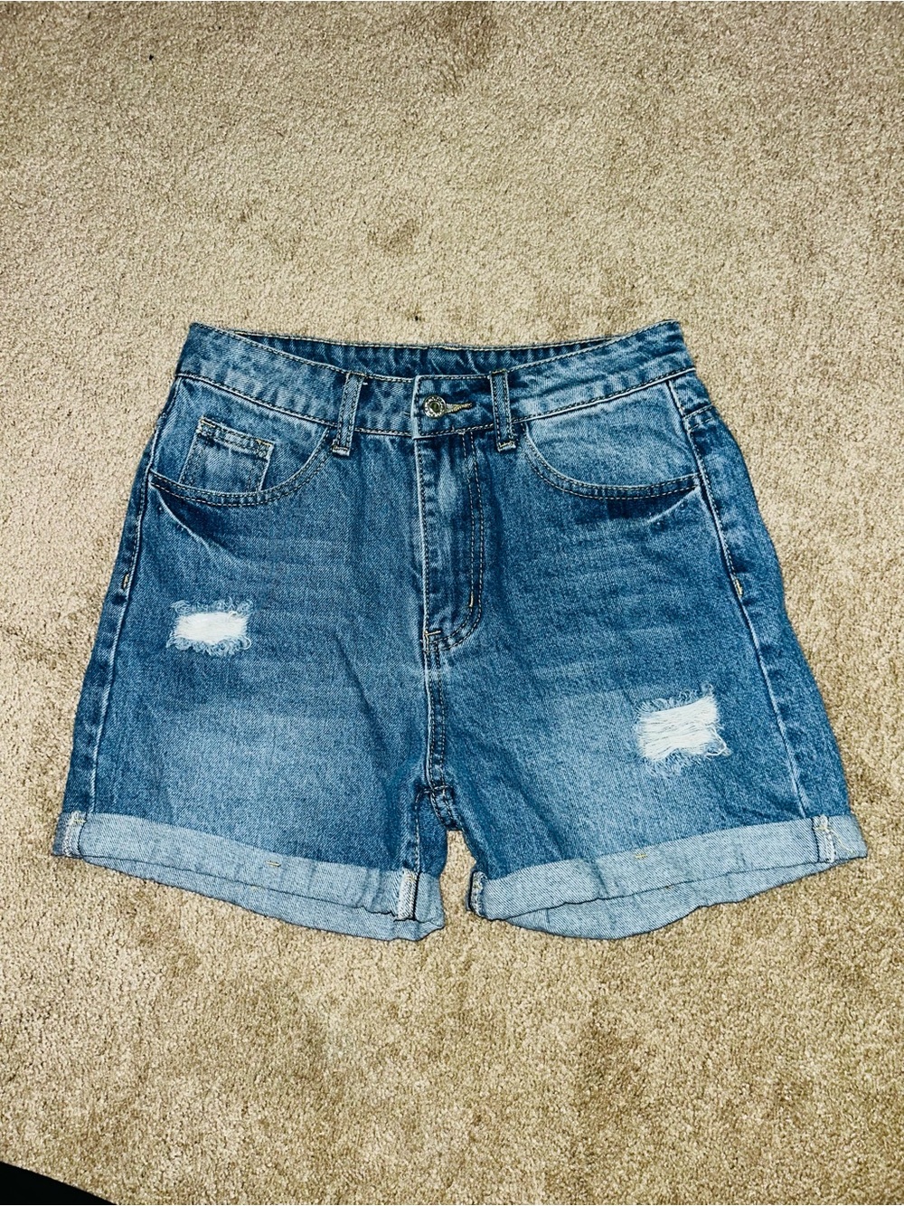 SHEIN Blue High-Rise Distressed Denim Shorts - Picture 3 of 7